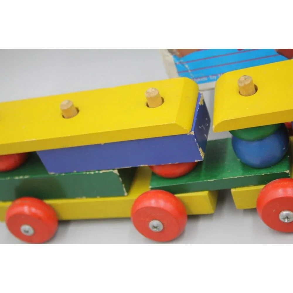 My Kids 44pc Wooden Blocks + Train Pull Vintage Set Primary Toddler Montessori